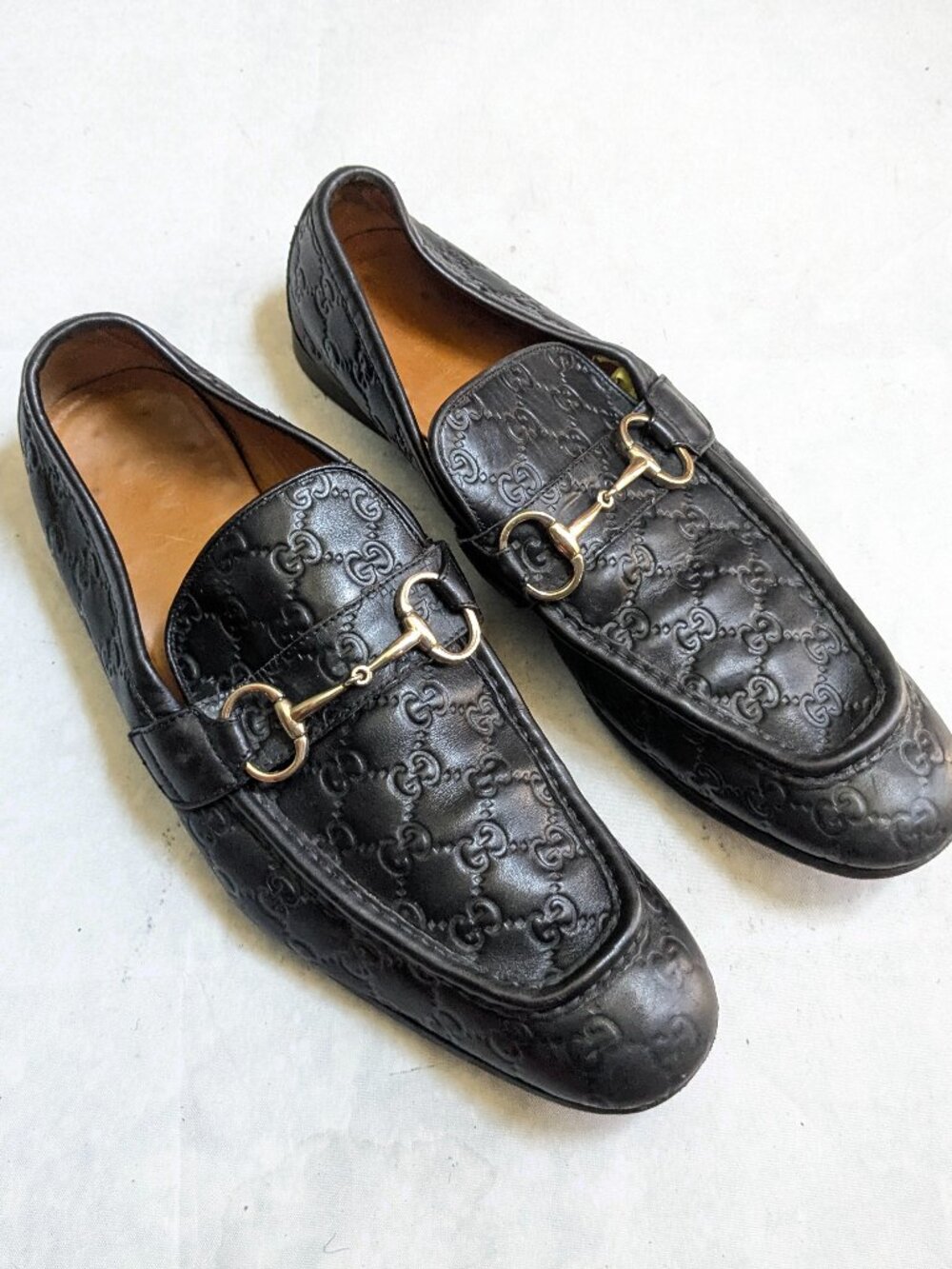 Gucci Horsebit Loafers Black Monogram Men 13 D Leather Logo GG Slip Ons